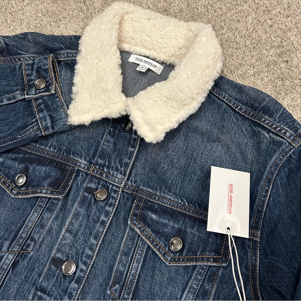 Good American Oversized Boyfriend Denim Jean Jacket Women’s 0-1 Shearling New‎